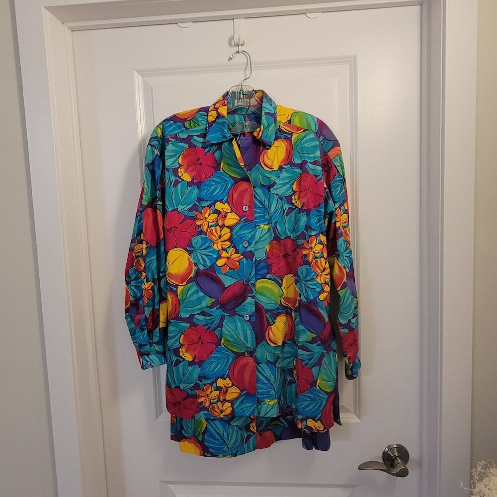 Vintage Retro-Print Vibrant Colourful Jaeger Set - Skirt and Blouse Set - Floral